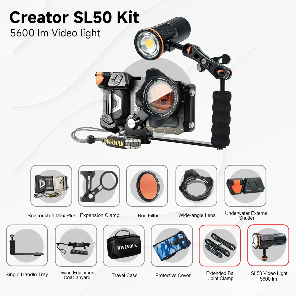 DIVEVOLK SeaTouch 4 MAX PLUS  Underwater Housing Creator Kit /  including 2000 or 5600lm Lumen dive light and single handle tray, dive housing, waterproof phone case - Image 13